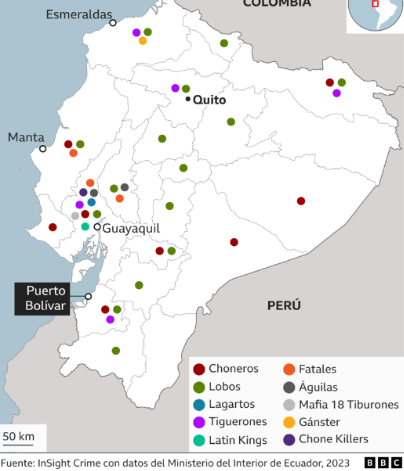 Map of Ecuador showing the territorial distribution of criminal groups across the country, including gangs such as Choneros, Lobos, and Latin Kings, based on data from the Ministry of the Interior and InSight Crime.