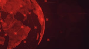 Digital illustration of a connected globe surrounded by glowing network nodes and data lines, symbolizing the complex web of digital infrastructure used to support illicit online supply chains