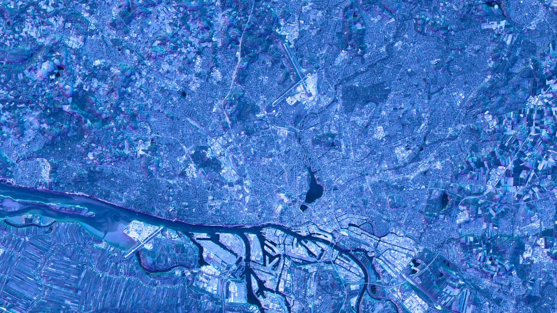 satellite blue image of an abstract city
