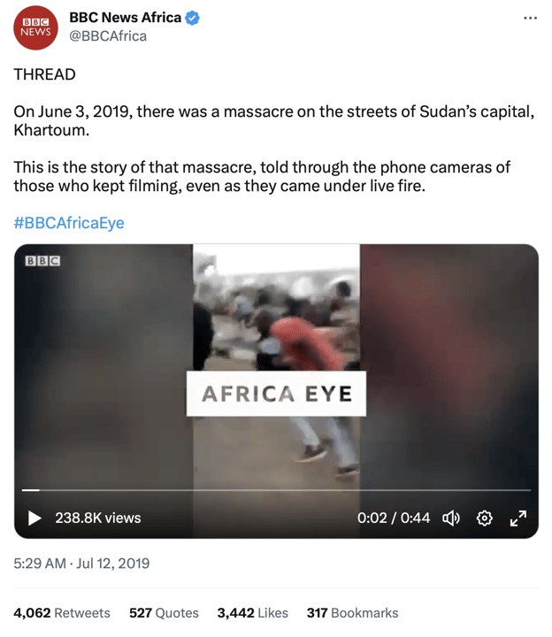 Captura de pantalla del tweet de la BBC Africa sobre la masacre en Sudan