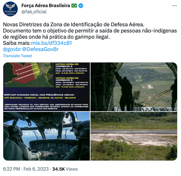 Forca Aerea Brasileira tweet announcing closing airspace to combat illegal mining