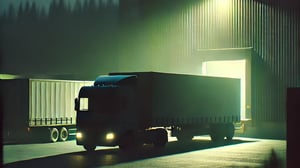 a logistics warehouse with a truck backed into a dimly lit loading dock