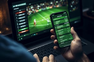 Person using a mobile phone to browse an online sports betting platform while simultaneously viewing a live soccer match on a laptop screen, illustrating the digital nature of modern gambling environments.