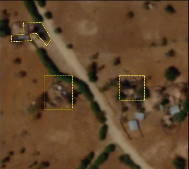 Imagen satelital mostrando viviendas destruidas por el fuego alrededor de la ciudad de Gijet en Etiopia